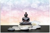 Schilderij - Zilveren Boeddha beeldje op Zen stenen