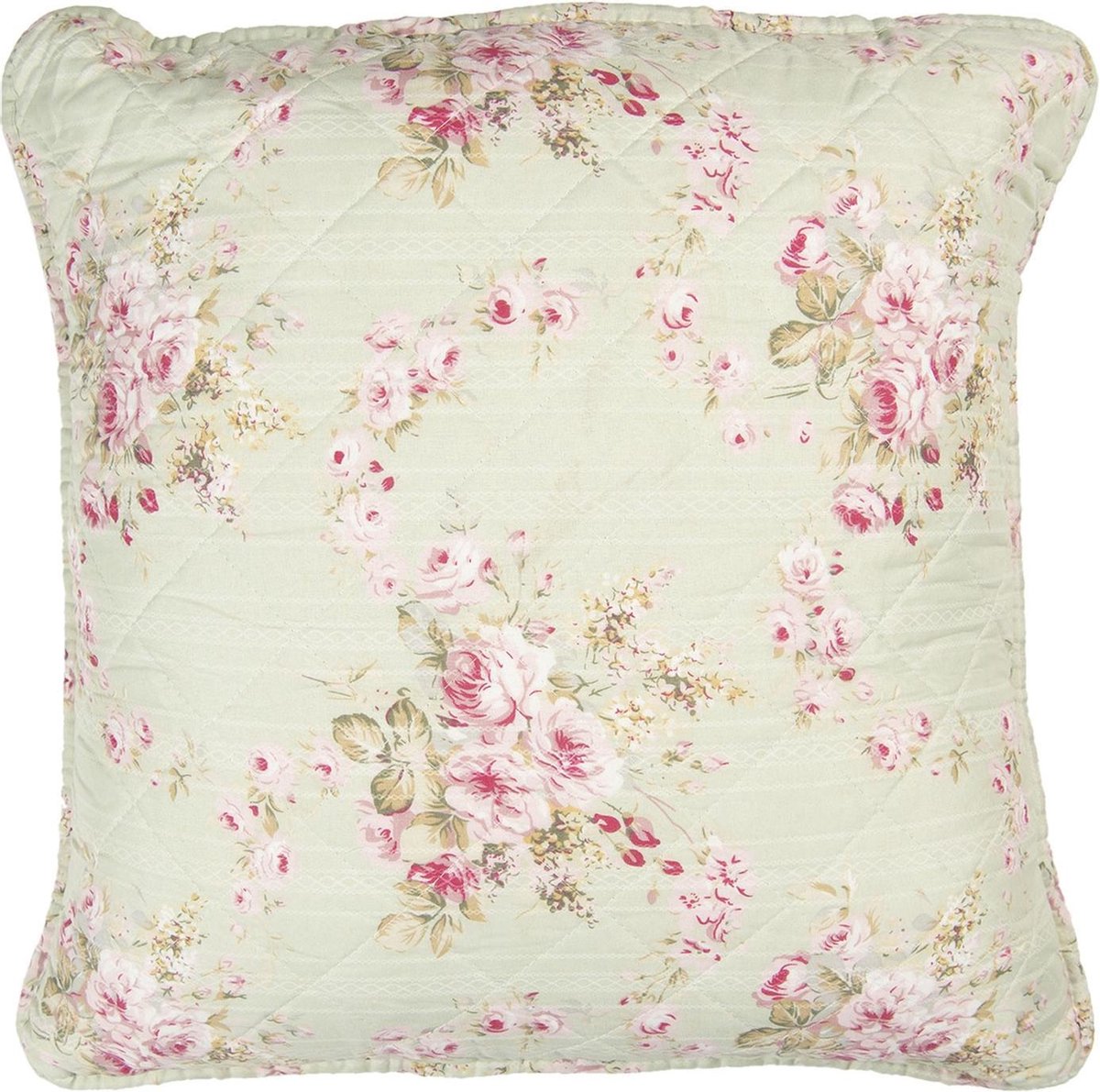Clayre & Eef Kussenhoes 50x50 cm Groen Roze Polyester Katoen Vierkant Bloemen Sierkussenhoes