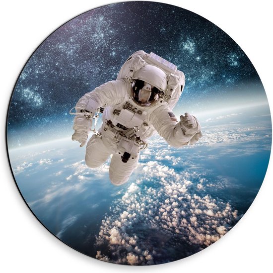 Dibond Wandcirkel - Astronaut in de Ruimte - 30x30cm Foto op Aluminium Wandcirkel (met ophangsysteem)