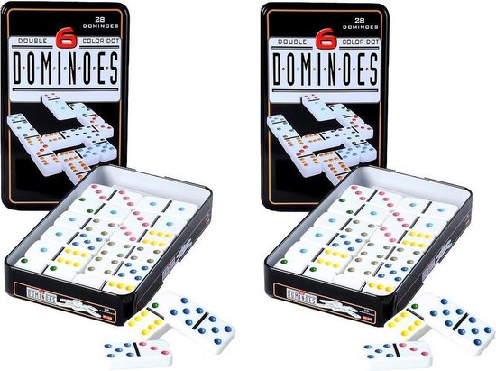 Domino spel dubbel 6/double 6 in blik en 56x gekleurde stenen - Dominostenen - Domino spellen - Familie spellen