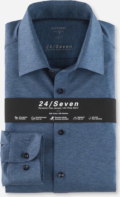 OLYMP Level 5 24/Seven body fit overhemd - rookblauw tricot - Strijkvriendelijk - Boordmaat: 42