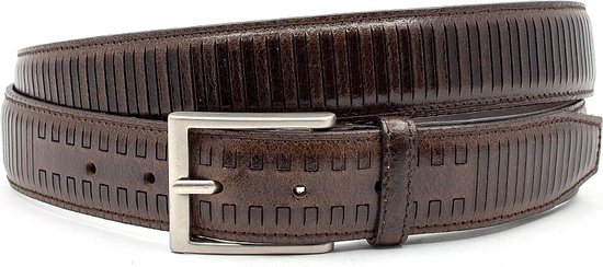 JV Belts Fraaie unisex riem bruin met streep patroon - heren en dames riem - 3.5 cm breed - Bruin - Echt Leer - Taille: 90cm - Totale lengte riem: 105cm