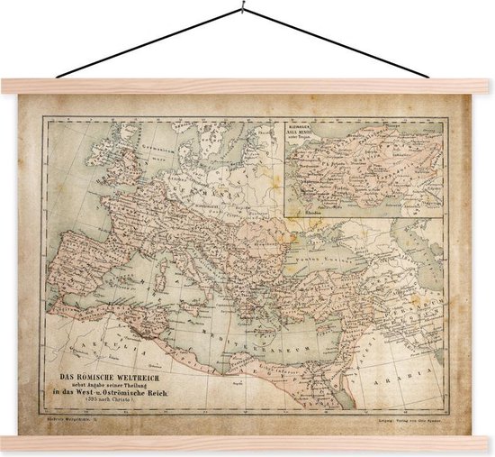 Posterhanger incl. Poster 60x45 cm - Schoolplaat - Vintage kaart van het Romeinse Rijk - Textielposter - Blanke latten