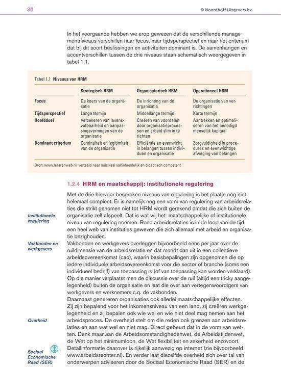 Boekpagina met tabel over niveaus van HRM.
