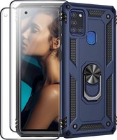 Samsung Galaxy A21S hoesje Schokbestendige ring armor met 2X volledige schermdekking Screenprotector blauw