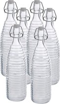 6x Glazen flessen transparant strepen met beugeldop 1000 ml - Keukenbenodigdheden - Woondecoratie - Tafel dekken - Koude dranken serveren/bewaren - Olie/azijn flessen - Decoratie flessen