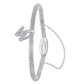 Lucardi Dames Armband mesh letter W met kristal - Staal - Armband - Cadeau - 19 cm - Zilverkleurig