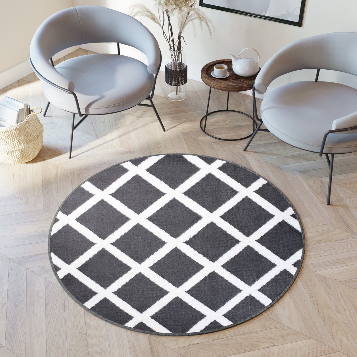 Tapiso Luxury Rond Vloerkleed Geometrisch Woonkamer Tapijt Maat- 160x160 Donkergrijs Wit