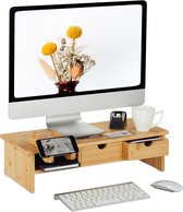 monitorstandaard bamboe - 2 lades - telefoonhouder - 14 x 54 x 23 cm - beeldscherm verhoger