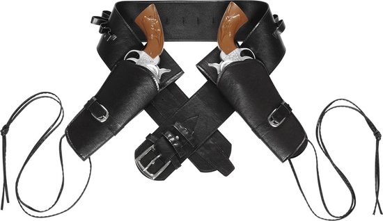 Widmann - Saloon Shooter Western Dubbel Holster Met Riem Lederlook , Zwart - Zwart - Carnavalskleding - Verkleedkleding