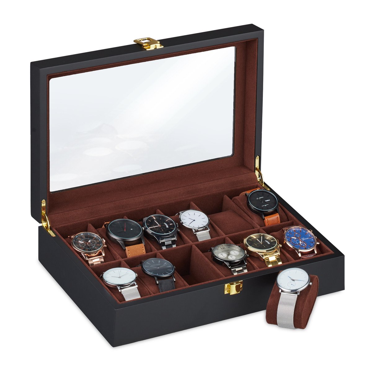 horlogebox voor 12 horloges - fluweel - kijkvenster - 8,5 x 31,5 x 21 cm - zwart-bruin