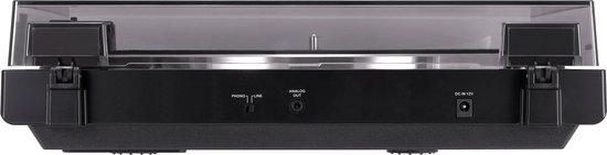 Achterkant van een zwarte platenspeler met aansluitingen: Phono/Line, Analog Out en DC in 12V.