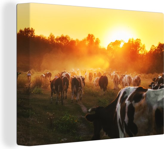 Tableau toile vache - Vache - Animaux - Nature - Coucher de soleil - Arbres - 80x60 cm - Toile - Décoration murale