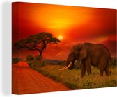 Canvas - Olifant - Zon - Savanne - Natuur - Muurdecoratie - 60x40 cm - Canvas doek - Schilderijen op canvas