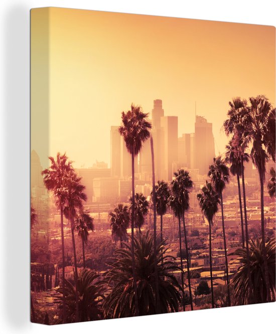 Canvas - Palmboom - Los Angeles - Skyline - Muurdecoratie - 90x90 cm - Canvas schilderij - Canvas doek