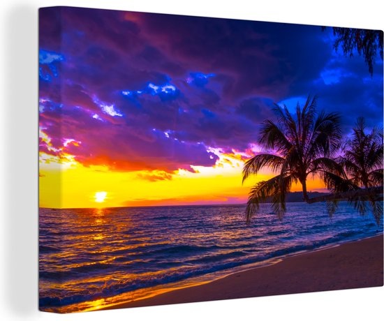 Peinture sur toile - Coucher de soleil - Violet - Mer - Palmier ...