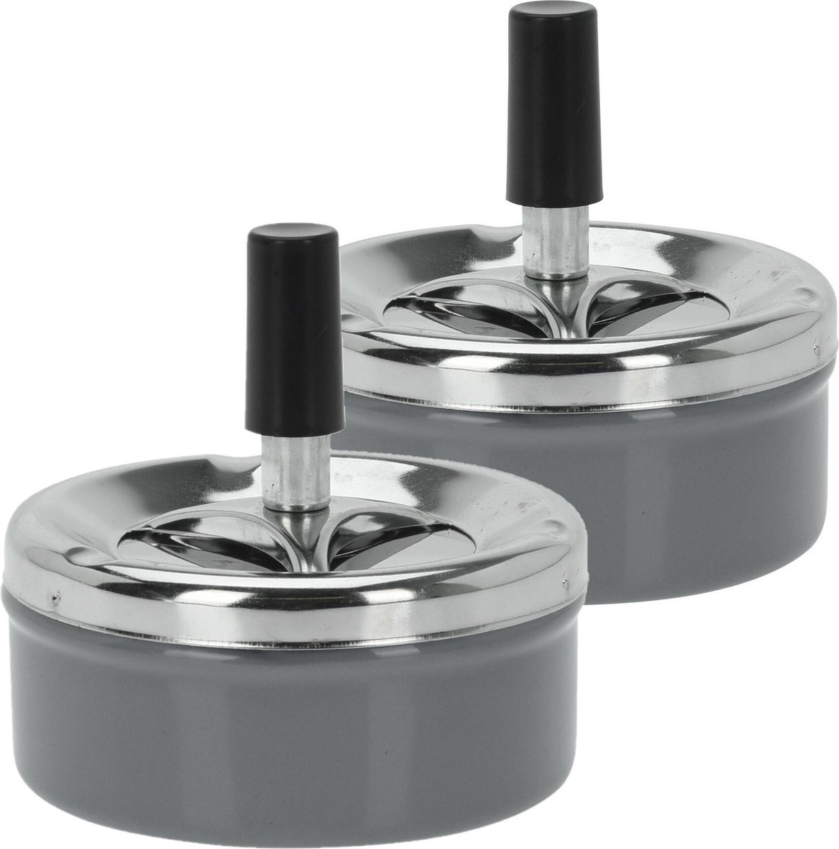 Goedkoopste Set van 2x stuks druk en draai tafel asbak metaal antraciet en chrome 9 x 5 cm