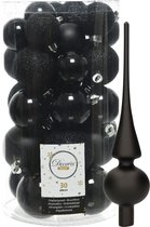 Decoris kerstballen 30x stuks - zwart 4/5/6 cm kunststof mat/glans/glitter mix en mat glazen piek 26 cm