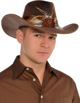 PartyXplosion - Cowboy & Cowgirl Kostuum - Cowboyhoed De Luxe Met Verenband - bruin - Carnavalskleding - Verkleedkleding