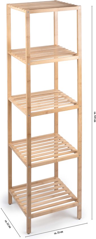 Étagère de salle de bain Alpina avec cinq Planches- Bamboe- Dimensions 140 x 33 x 33 cm.