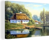Canvas - Schilderij - Huis - Water - Boot - Kunst - Olieverf - Canvas doek - Schilderijen op canvas - 150x100 cm - Foto op canvas - Wanddecoratie - Woonkamer