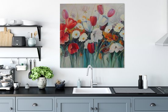 Toile - Peinture - Huile - Fleurs - Nature - 90x90 cm - Décoration - Intérieur