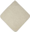 Een effen beige badcape met capuchon, gevouwen in een ruitvorm. Het merk 'Jollein' is zichtbaar.