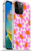 Geschikt voorApple Iphone 14 Pro - Softcase hoesje - Bloem - Roze - Patronen - Siliconen Telefoonhoesje - Verjaardag cadeau tiener