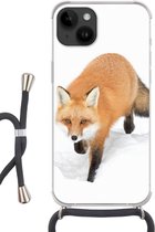 Geschikt voorApple Iphone 14 - Crossbody Case - Vos - Sneeuw - Winter - Siliconen - Crossbody - Backcover met Koord - Telefoonhoesje met koord - Hoesje met touw