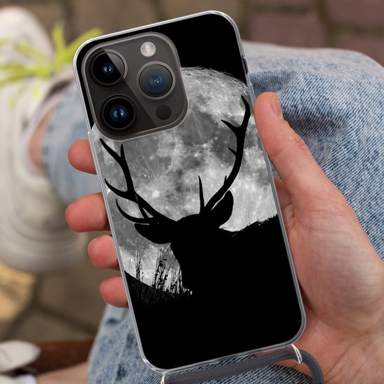 Étui pour Apple 14 Pro - Motifs Cerf, Lune et Nuit - Siliconen - Bandoulière - Coque arrière avec cordon