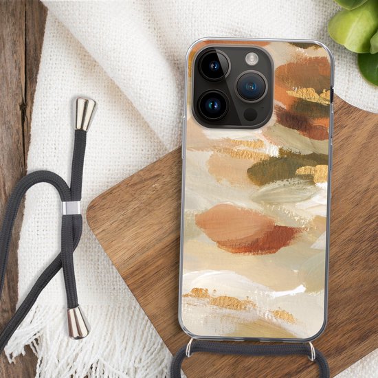 Telefoonhoesje Geschikt voor Apple Iphone 14 Pro - Verf - Goud - Bruin - Siliconen - Crossbody - Backcover met Koord - Telefoonhoesje met koord - Hoesje met touw Telefoonhoesje