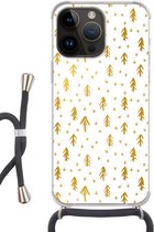 Geschikt voorApple Iphone 14 Pro - Crossbody Case - Dennentak - Kerst - Goud - Patroon - Siliconen - Crossbody - Backcover met Koord - Telefoonhoesje met koord - Hoesje met touw