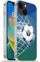 Geschikt voorApple Iphone 14 - Softcase hoesje - Een illustratie van een voetbal in het net -Jongens - Meisjes - Kinderen - Siliconen Telefoonhoesje