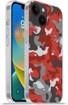Geschikt voorApple Iphone 14 - Softcase hoesje - Rood met grijs camouflage patroon - Siliconen Telefoonhoesje