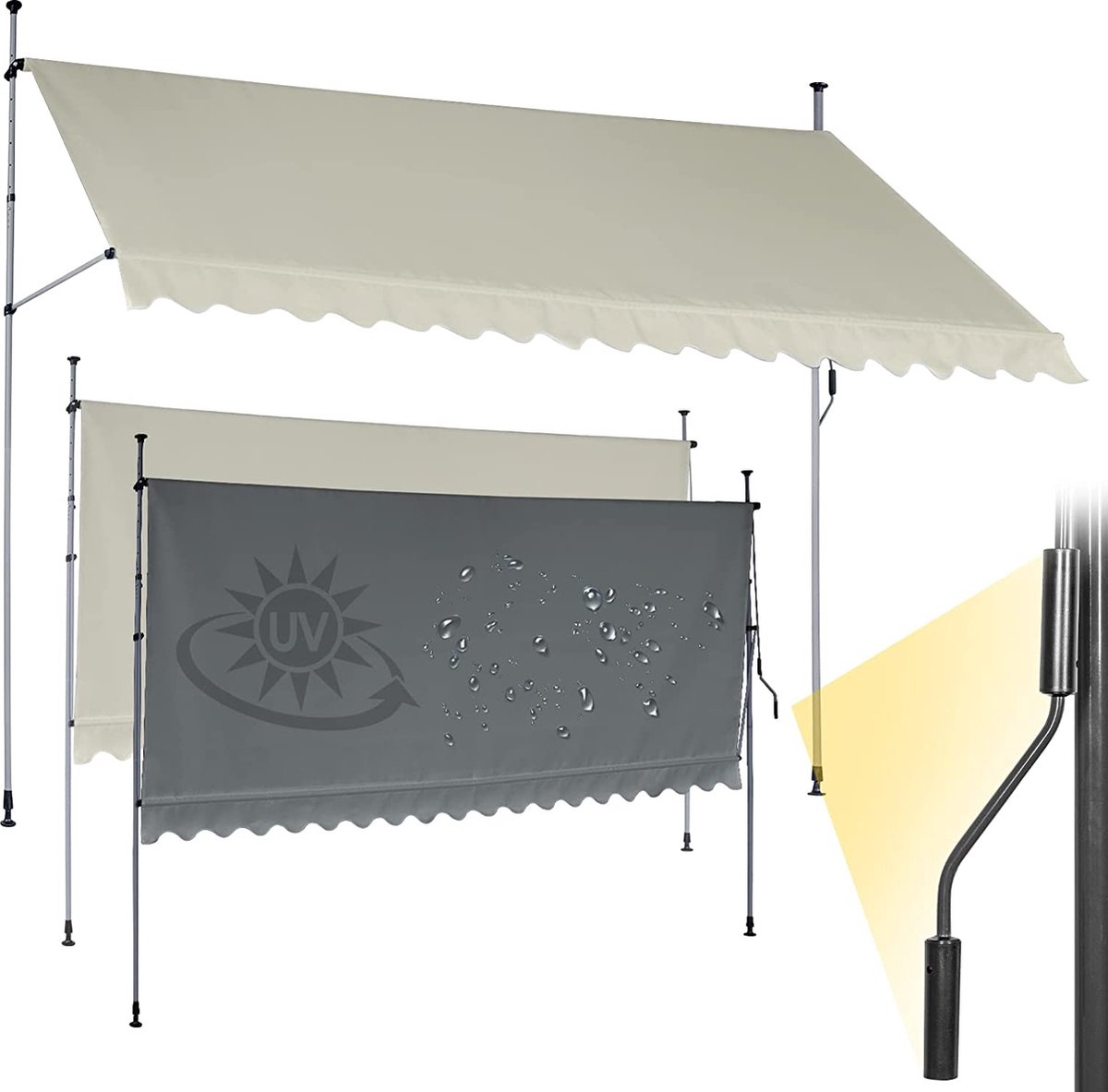 Ikodm Klemluifel met handslinger, 350 x 120 x 200-300 cm, wit-grijs, balkonluifel zonder boren, uv-bestendig 50 , in hoogte verstelbaar, waterafstotend, eenvoudige montage