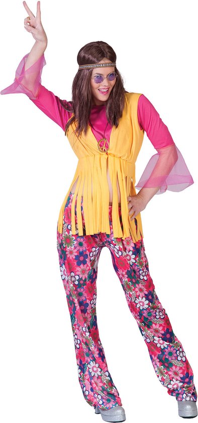 Funny Fashion - Hippie Kostuum - Bloemrijk Joplin Woodstock - Vrouw - Paars - Maat 34-36 - Carnavalskleding - Verkleedkleding