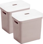 Set van 2x opbergboxen/opbergmanden roze van 25 liter kunststof met transparante deksel 35 x 25 x 36 cm