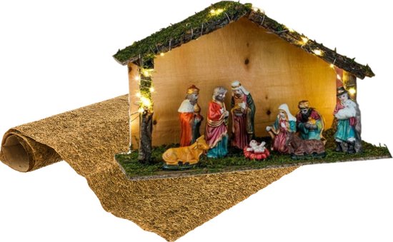 Complete verlichte kerststal - porselein - LED verlichting -30 leds - 40 x 16 x 25,5 cm - met ondergrond 50 x 70 cm - kerstdecoratie