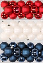 32x stuks kunststof kerstballen mix van rood, wit en blauw 4 cm - Kerstversiering