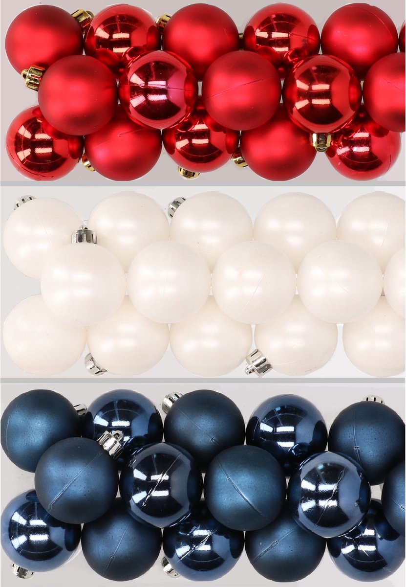 32x stuks kunststof kerstballen mix van rood, wit en blauw 4 cm - Kerstversiering