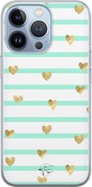 Hoesje geschikt voor iPhone 13 Pro - Mint hartjes - Soft Case - TPU - Gestreept - Blauw - Mooie Telefoonhoesjes