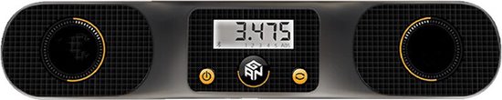 Zwarte GAN smart timer met digitaal display, twee ronde touch-zones en logo.