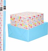 8x Rollen kraft inpakpapier happy birthday pakket - blauw 200 x 70 cm - cadeau/verzendpapier