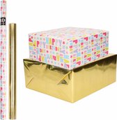 4x Rollen kraft inpakpapier happy birthday pakket - metallic goud 200 x 70/50 cm - cadeau/verzendpapier