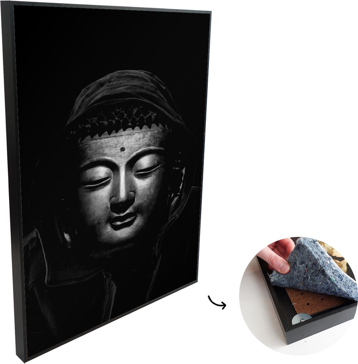 Akoestische Panelen - Geluidsisolatie - Akoestisch Wandpaneel - Wanddecoratie - Schilderij - 120x180 cm - Koperen Boeddha met een capuchon op voor een simpele achtergrond - zwart wit - Geluidsdemper - Isolatie platen - Studio Schuim