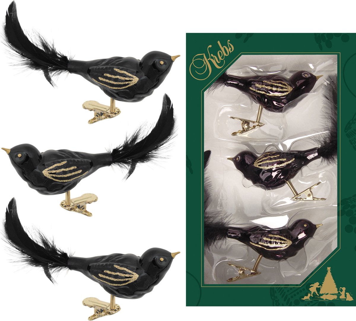 6x stuks luxe glazen decoratie vogels op clip zwart 11 cm - Decoratievogeltjes - Kerstboomversiering