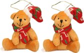 2x Kersthangers knuffelbeertjes beige met rode sjaal en muts 7 cm - Kerstboomversiering ornamenten