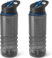 4x Stuks kunststof waterfles/drinkfles transparant zwart/blauw met rietje 650 ml - Sportfles - Bidon
