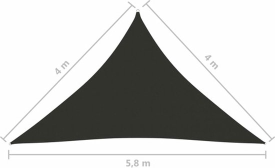 Driehoekig antracietkleurig schaduwdoek met afmetingen 4m, 4m en 5,8m.