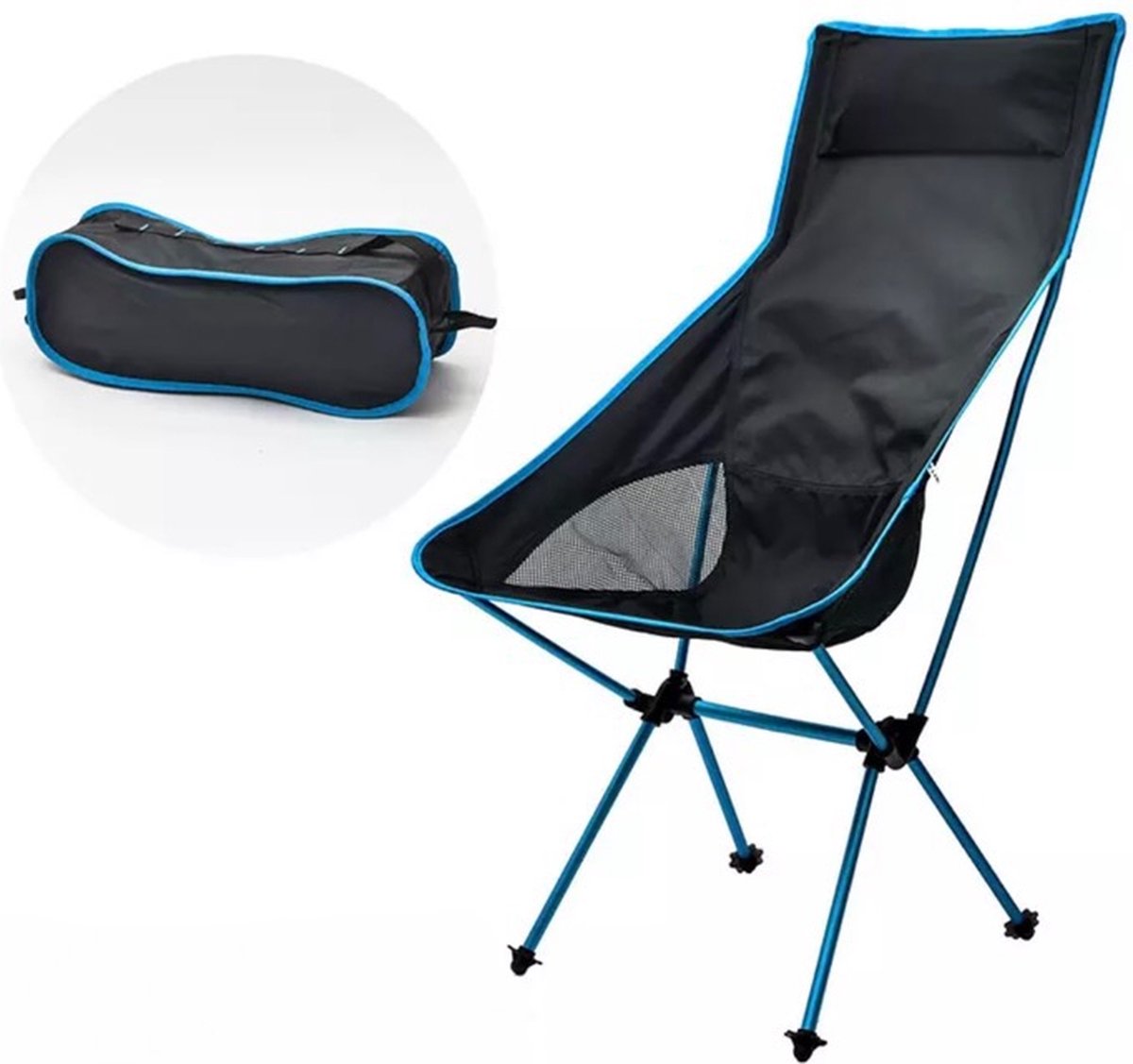 Strandstoel opvouwbaar met hoofdkussen - Kampeer vouwstoel - Karper/viskruk - Plooistoel - Ultralicht picknick meubel - Skyblue